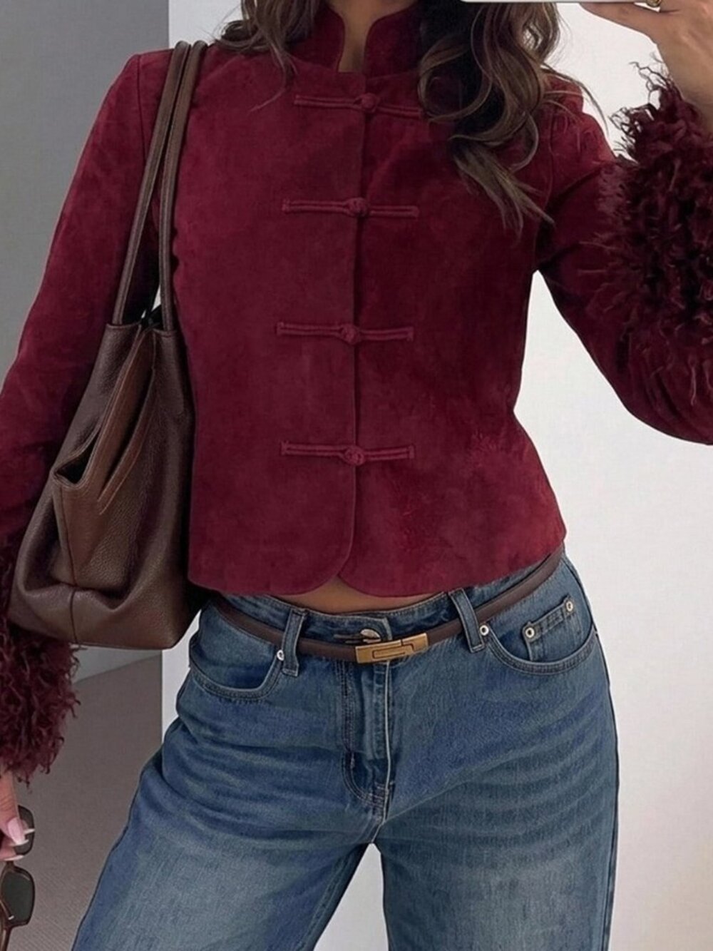 Burgundy Elegant Women's Faux Suede Frog Button Cuff Jacket